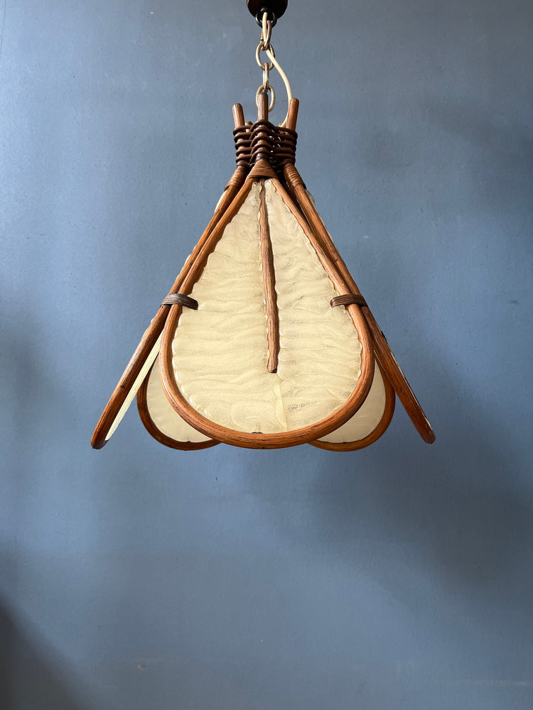 Vintage Bamboo Pendant Light / Ingo Maurer Uchiwa Style Fan Lamp / Mid Century Rotan Chandelier