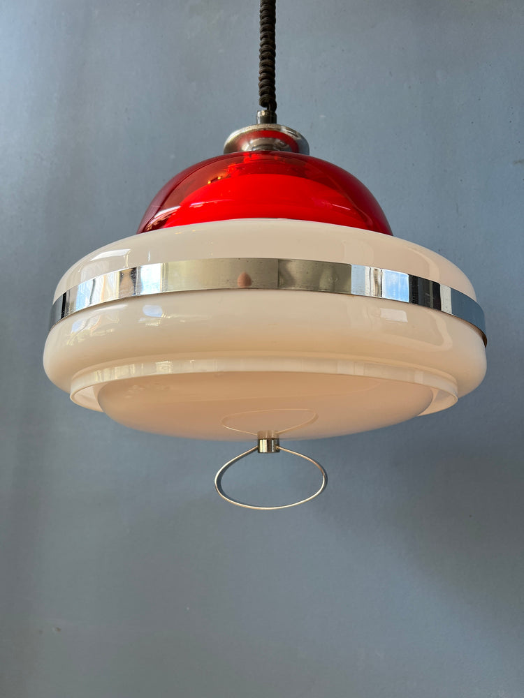 Mid Century Massive Space Age Pendant Lamp / White and Red Vintage Light Fixture