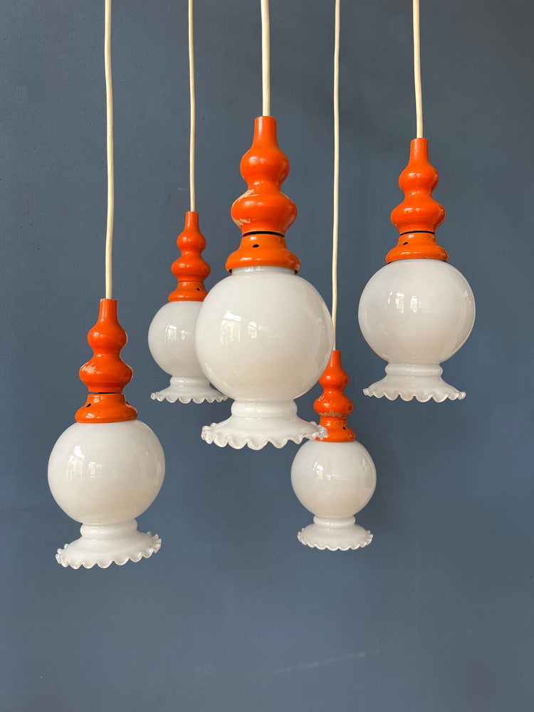 Vintage Space Age Cascade Chandelier with Opaline Glass Shades | Mid Century Orange Pendant Lamp