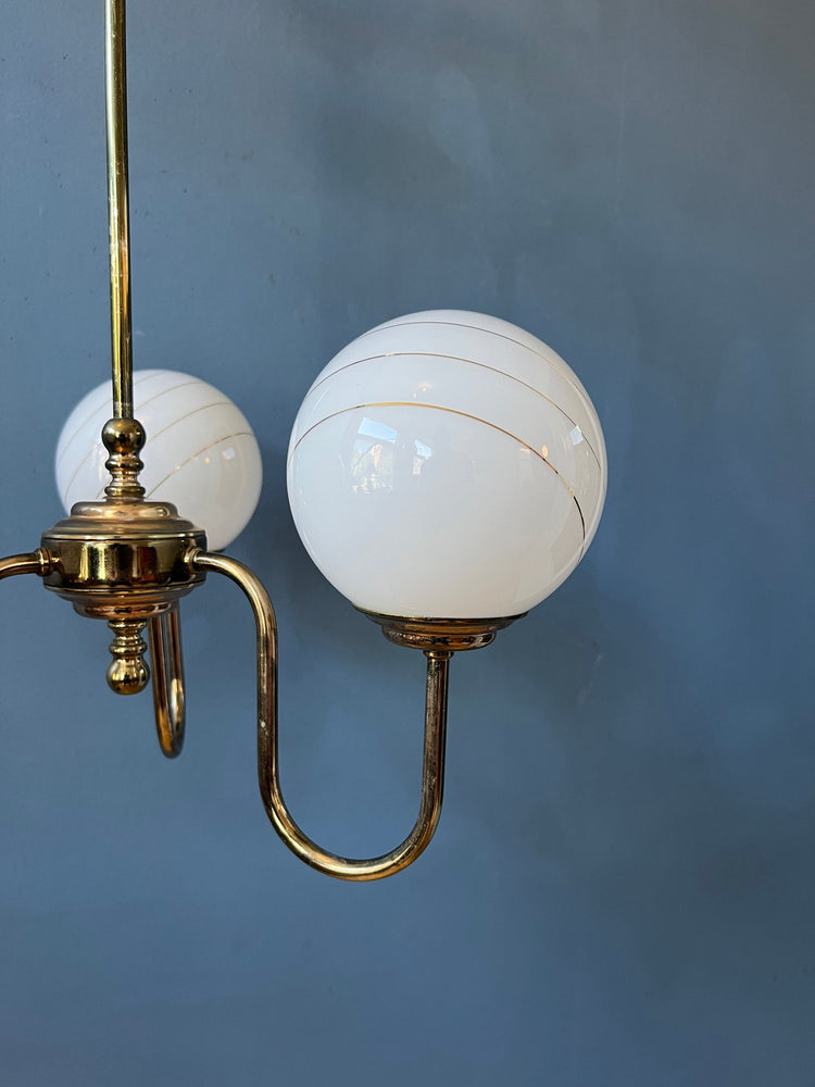 Vintage 50s Brass Chandelier with Opaline Glass Shades / Mid Century Pendant Lamp / Light Fixture