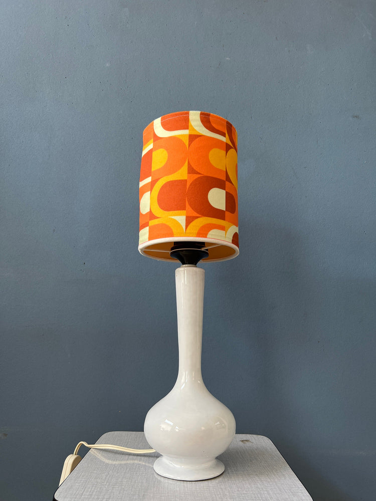Vintage Space Age Desk Lamp with Textile Shade and Porcelain Base / Mid Century Table Lamp