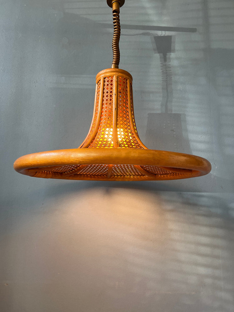 Mid Century Bamboo Pendant Light / Vintage Boho Rotan Light Fixture
