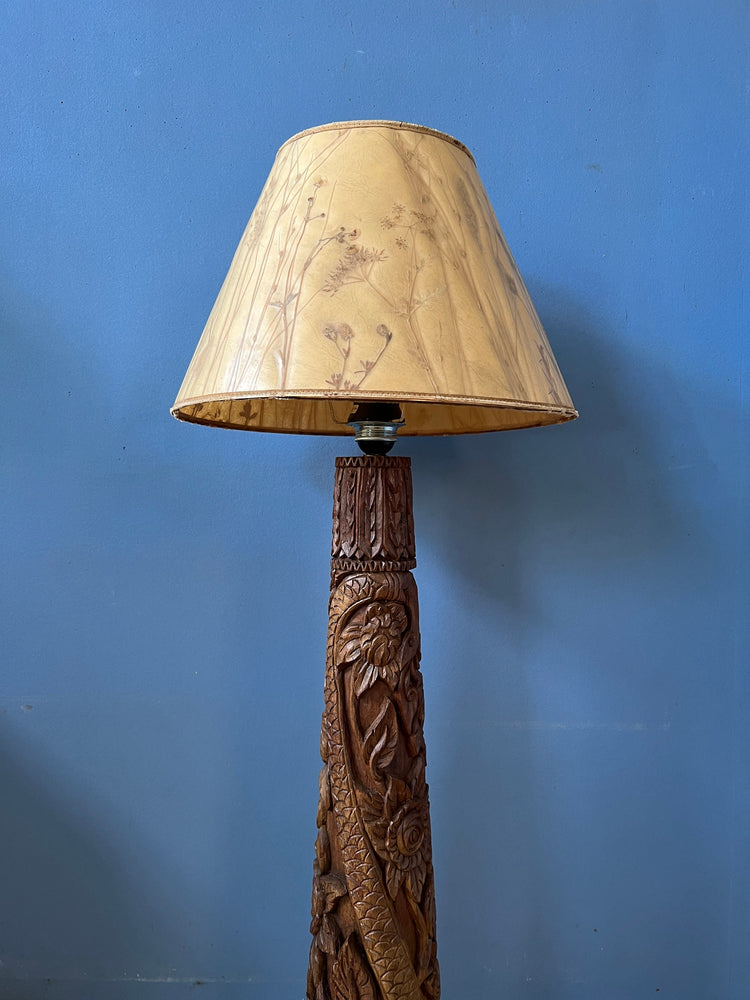 Hand Carved Wooden Floor Lamp / Vintage Wooden Lamp / Indonesian Lamp