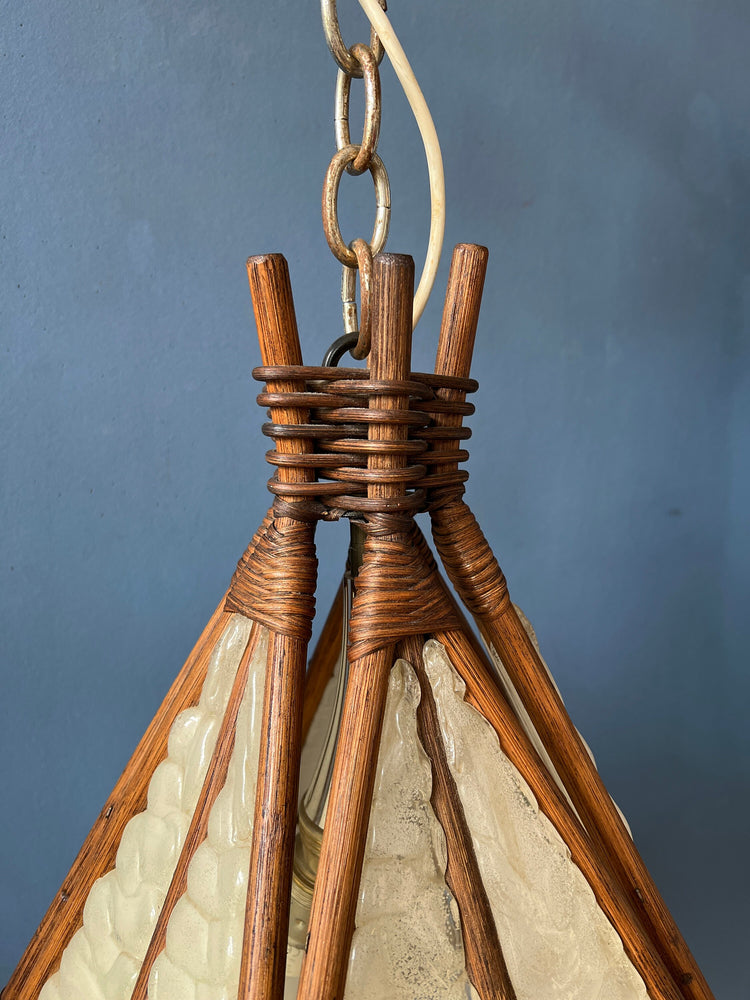 Vintage Bamboo Pendant Light / Ingo Maurer Uchiwa Style Fan Lamp / Mid Century Rotan Chandelier