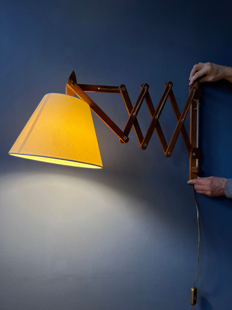 Mid Century Teak Wood Scissor Wall Lamp with Beige Shade