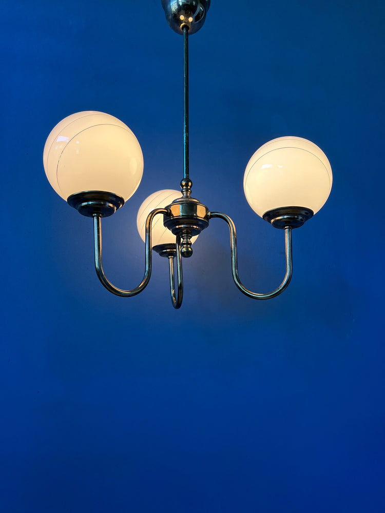 Vintage 50s Brass Chandelier with Opaline Glass Shades / Mid Century Pendant Lamp / Light Fixture
