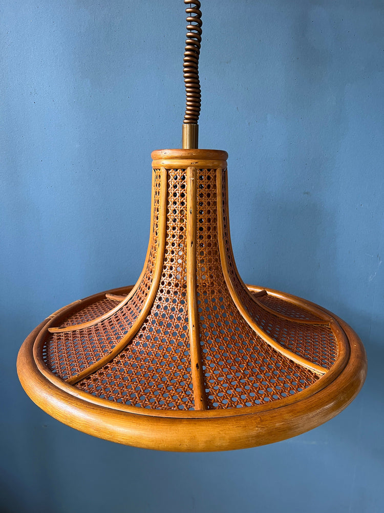 Mid Century Bamboo Pendant Light / Vintage Boho Rotan Light Fixture
