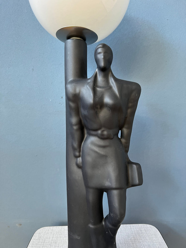 Vintage Art Deco Men Figure Porcelain Table Lamp with Glass Shade