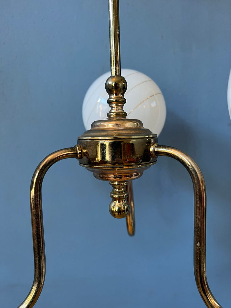 Vintage 50s Brass Chandelier with Opaline Glass Shades / Mid Century Pendant Lamp / Light Fixture