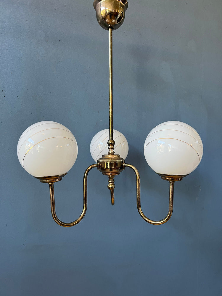 Vintage 50s Brass Chandelier with Opaline Glass Shades / Mid Century Pendant Lamp / Light Fixture
