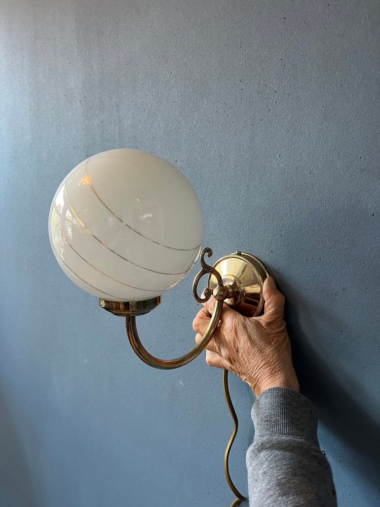 Set (2) of Mid Century Opaline Glass Hollywood Regency Wall Lights / Golden Wall Lamps