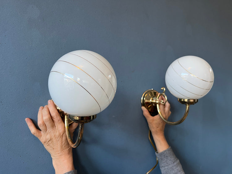 Set (2) of Mid Century Opaline Glass Hollywood Regency Wall Lights / Golden Wall Lamps