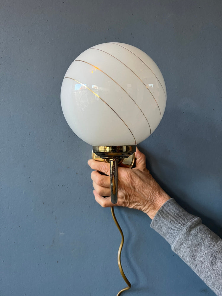 Set (2) of Mid Century Opaline Glass Hollywood Regency Wall Lights / Golden Wall Lamps