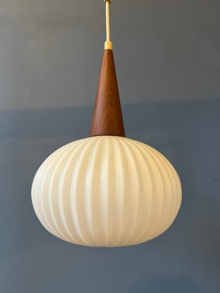 Vintage Milk Glass Pendant Light by Louis Kalff for Philips with Teak Wood Cap