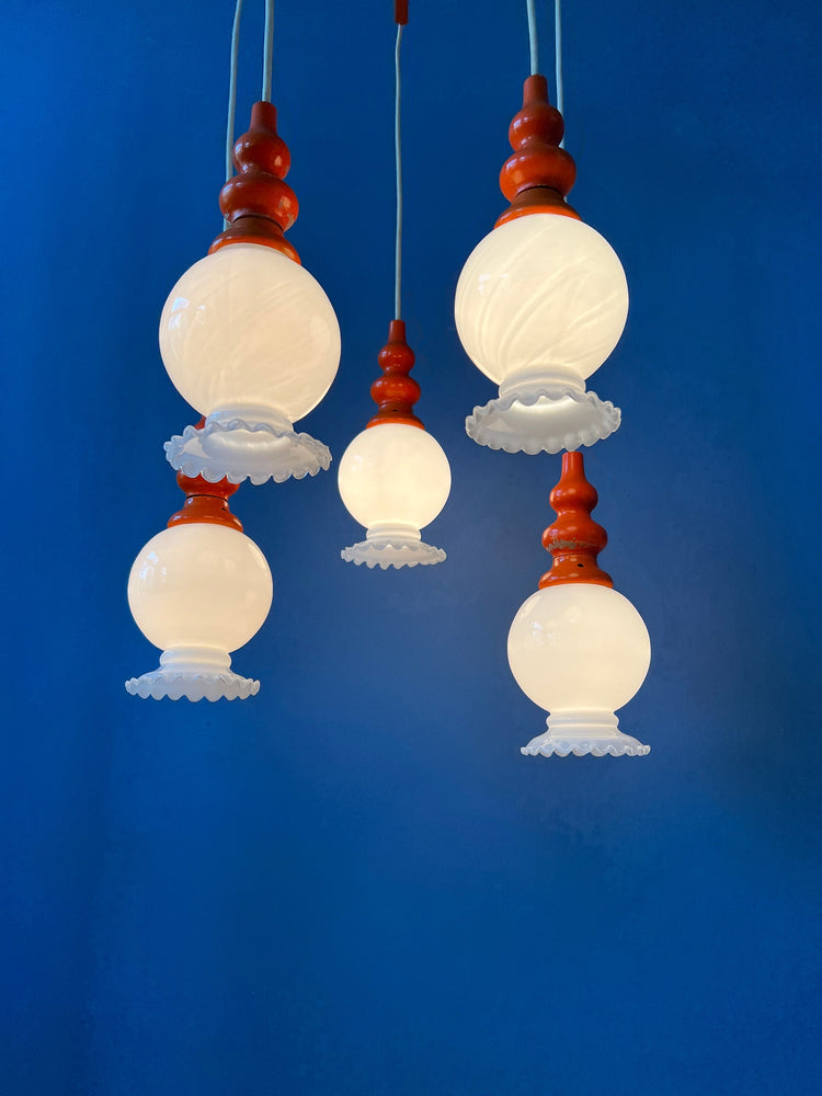 Vintage Space Age Cascade Chandelier with Opaline Glass Shades | Mid Century Orange Pendant Lamp