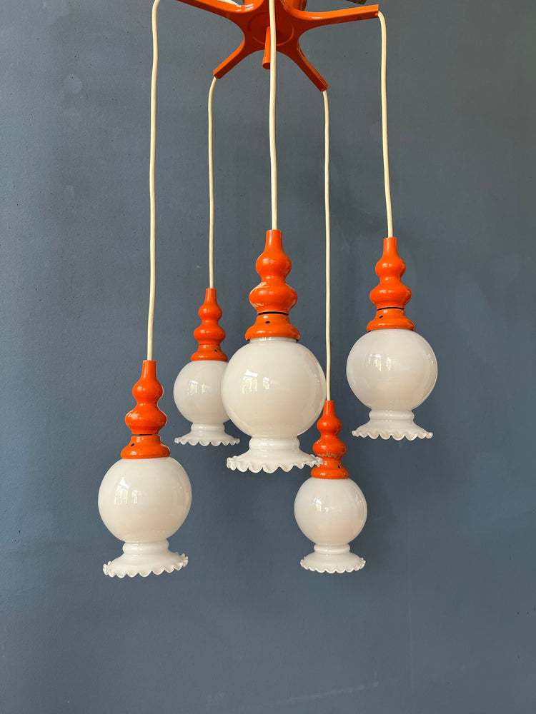 Vintage Space Age Cascade Chandelier with Opaline Glass Shades | Mid Century Orange Pendant Lamp