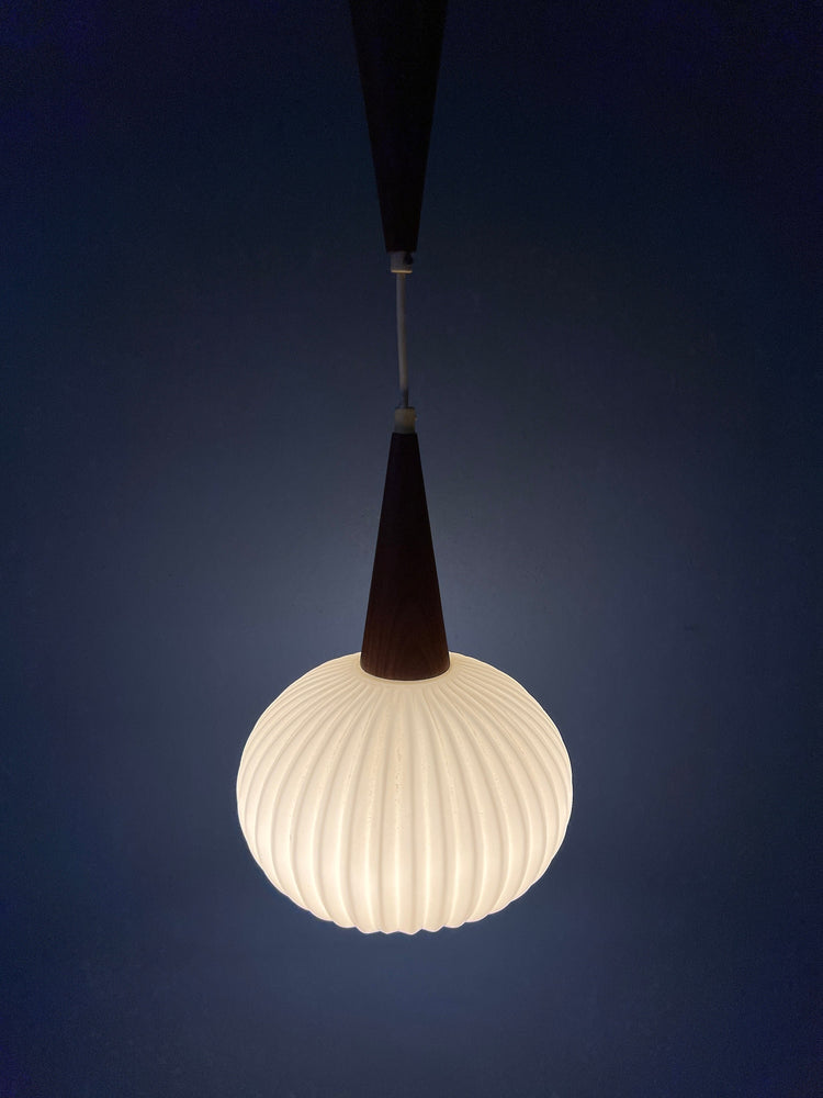 Vintage Milk Glass Pendant Light by Louis Kalff for Philips with Teak Wood Cap