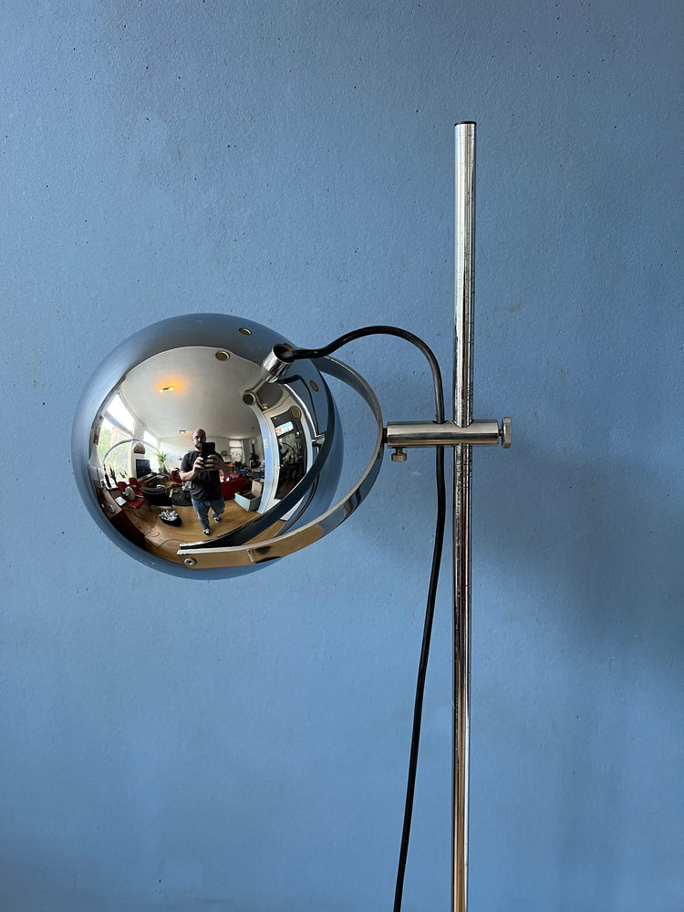 Mid Century Herda Chrome Eyeball Floor Lamp | Space Age Standing Light