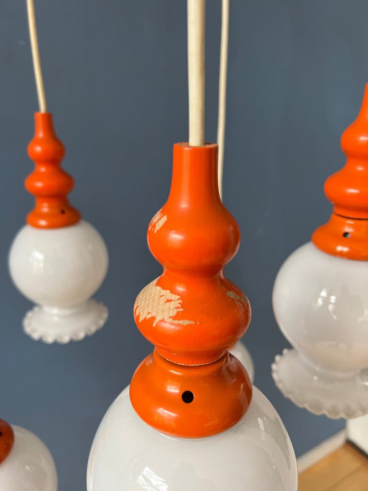Vintage Space Age Cascade Chandelier with Opaline Glass Shades | Mid Century Orange Pendant Lamp