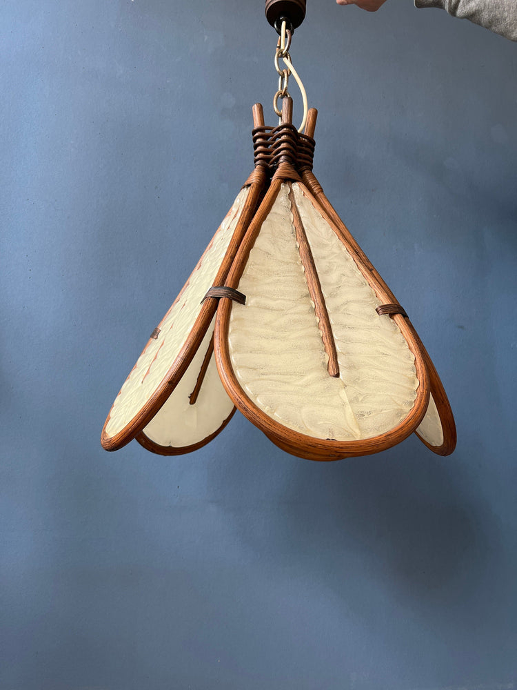 Vintage Bamboo Pendant Light / Ingo Maurer Uchiwa Style Fan Lamp / Mid Century Rotan Chandelier