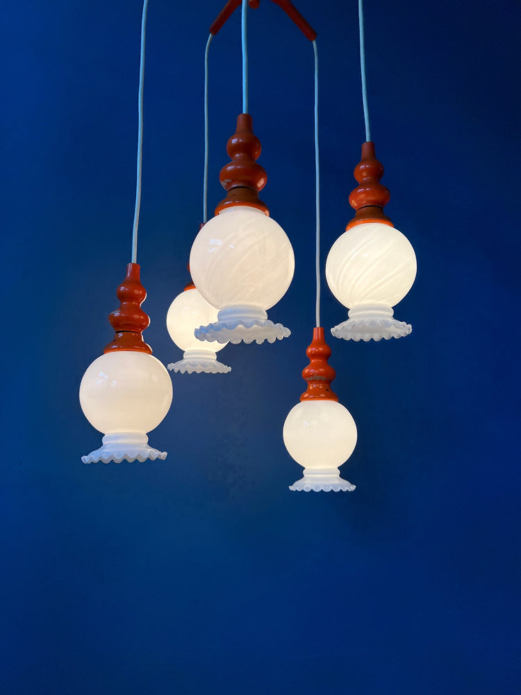 Vintage Space Age Cascade Chandelier with Opaline Glass Shades | Mid Century Orange Pendant Lamp