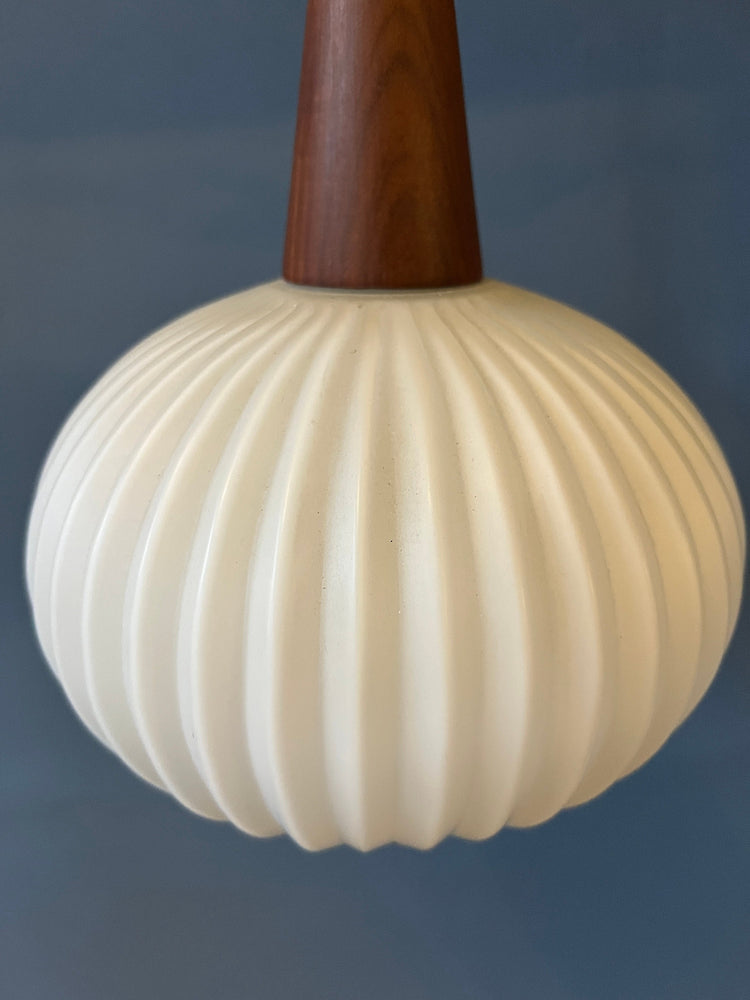 Vintage Milk Glass Pendant Light by Louis Kalff for Philips with Teak Wood Cap