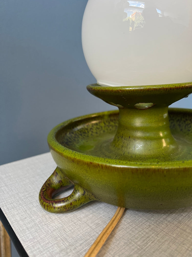 Green West Germany Ceramic Table Lamp with Glass Shade