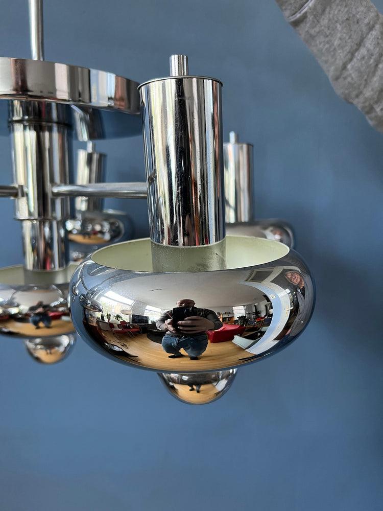 Chrome Space Age Chandelier | Mid Century Pendant Light | Scoliari Retro 70s Ceiling Lighting