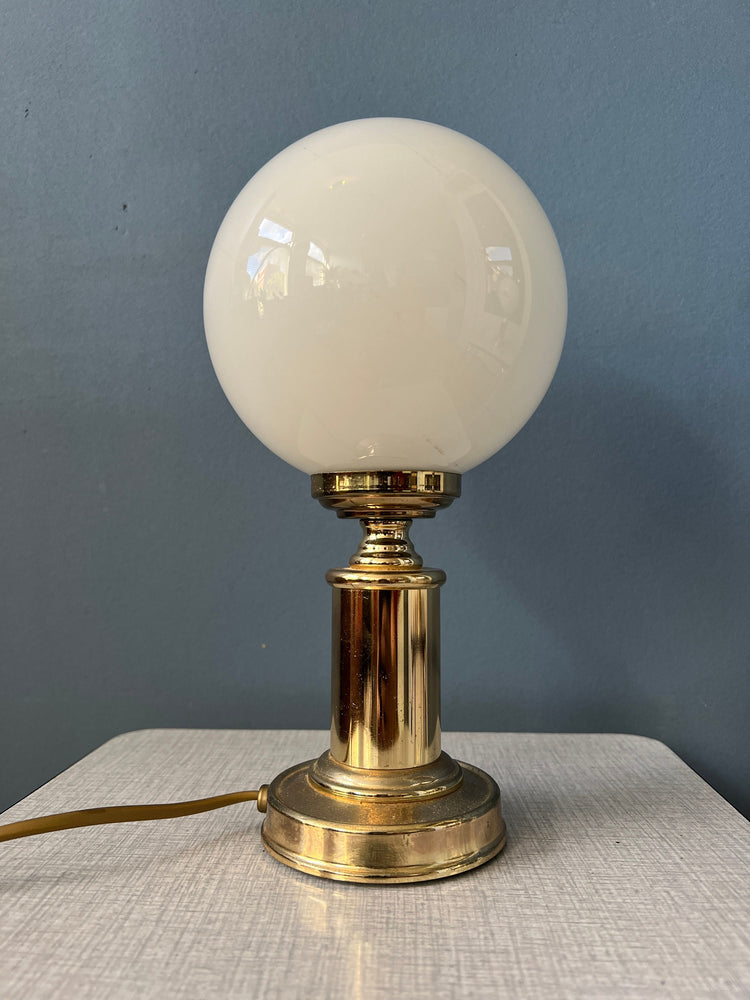 Mid Century Hollywood Regency Table Lamps (2) / Vintage Golden Opaline Glass Desk Lights
