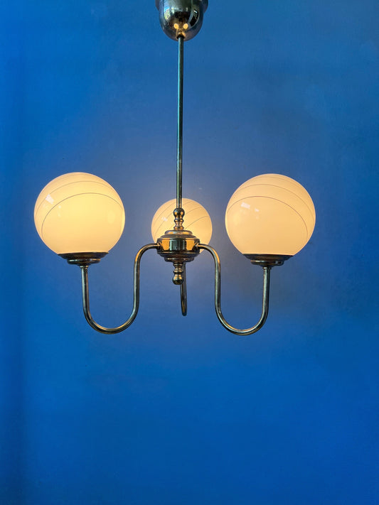 Vintage 50s Brass Chandelier with Opaline Glass Shades / Mid Century Pendant Lamp / Light Fixture