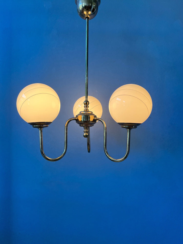 Vintage 50s Brass Chandelier with Opaline Glass Shades / Mid Century Pendant Lamp / Light Fixture