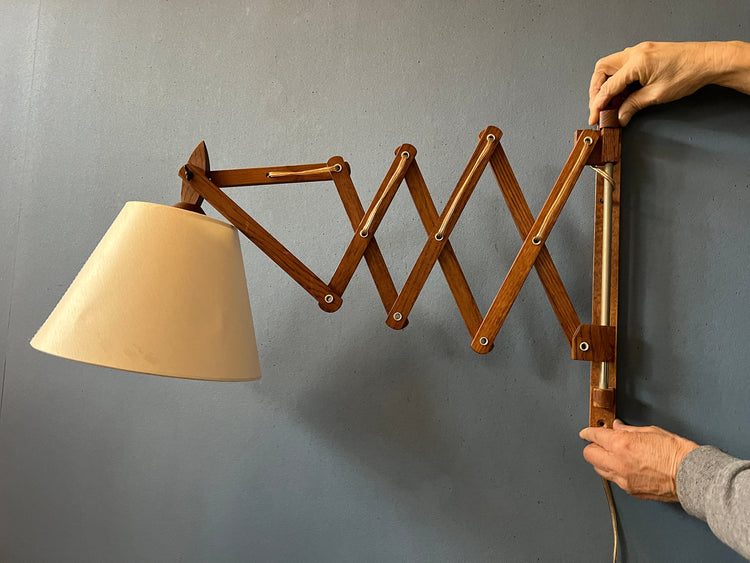 Mid Century Teak Wood Scissor Wall Lamp with Beige Shade