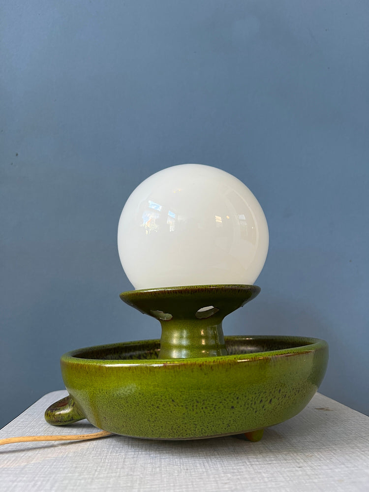 Green West Germany Ceramic Table Lamp with Glass Shade