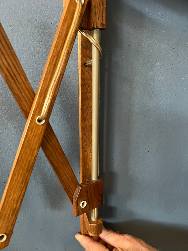 Mid Century Teak Wood Scissor Wall Lamp with Beige Shade