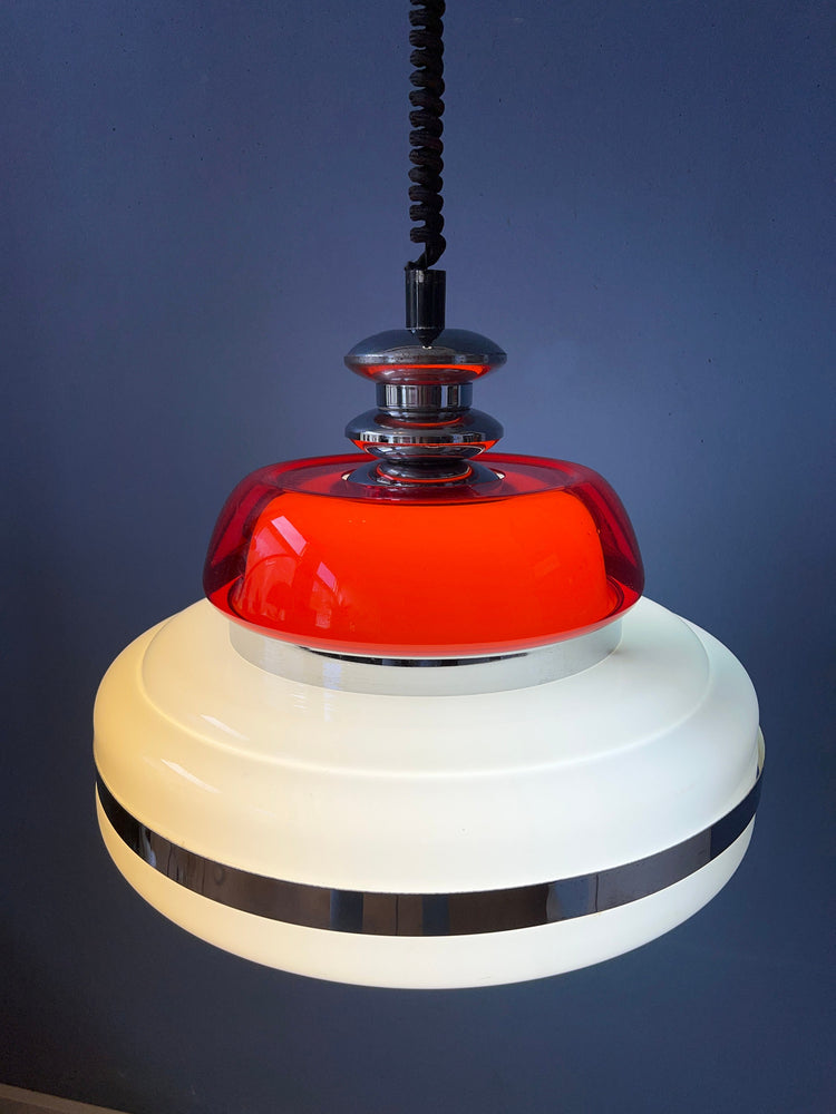 Mid Century Massive Space Age Pendant Lamp / White and Red Vintage Light Fixture