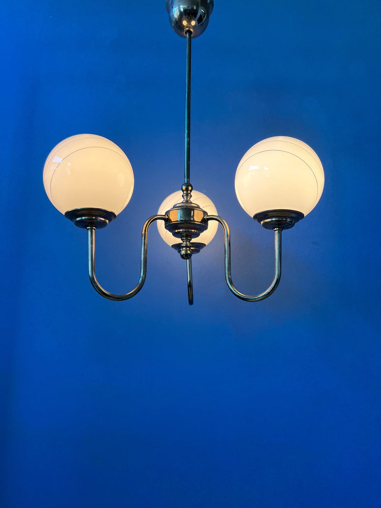 Vintage 50s Brass Chandelier with Opaline Glass Shades / Mid Century Pendant Lamp / Light Fixture