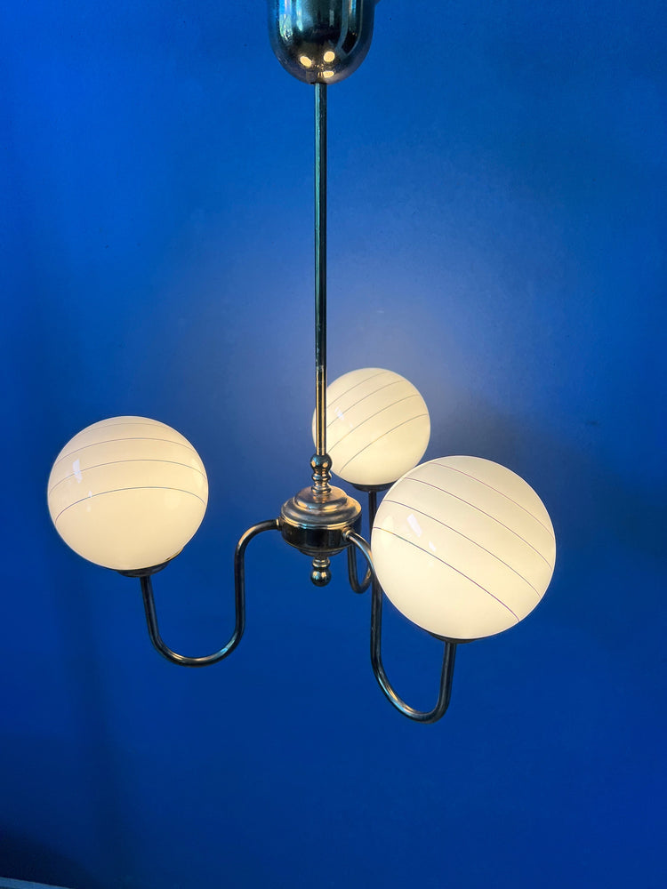 Vintage 50s Brass Chandelier with Opaline Glass Shades / Mid Century Pendant Lamp / Light Fixture