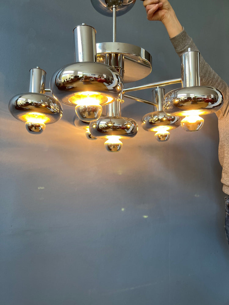 Chrome Space Age Chandelier | Mid Century Pendant Light | Scoliari Retro 70s Ceiling Lighting