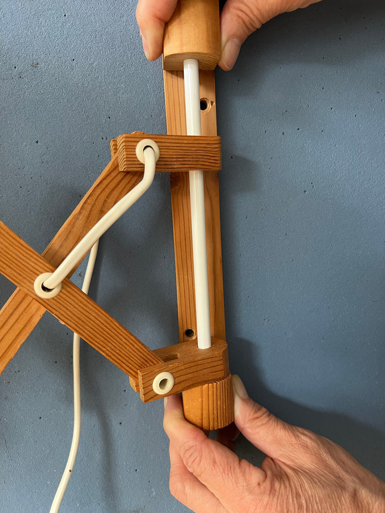 Mid Century Wooden Scissor Wall Lamp with Red Textile Shade