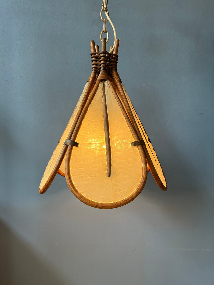 Vintage Bamboo Pendant Light / Ingo Maurer Uchiwa Style Fan Lamp / Mid Century Rotan Chandelier