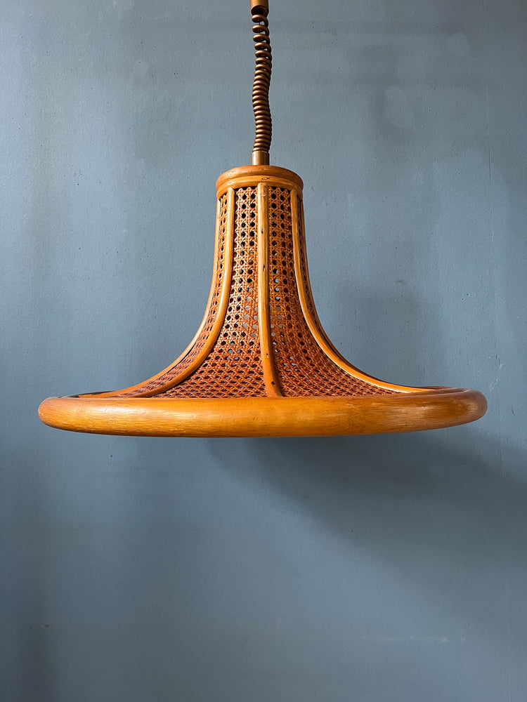Mid Century Bamboo Pendant Light / Vintage Boho Rotan Light Fixture