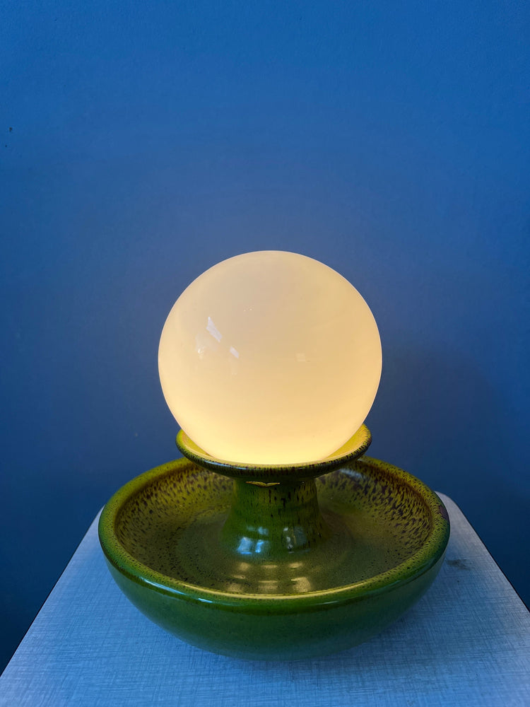 Green West Germany Ceramic Table Lamp with Glass Shade