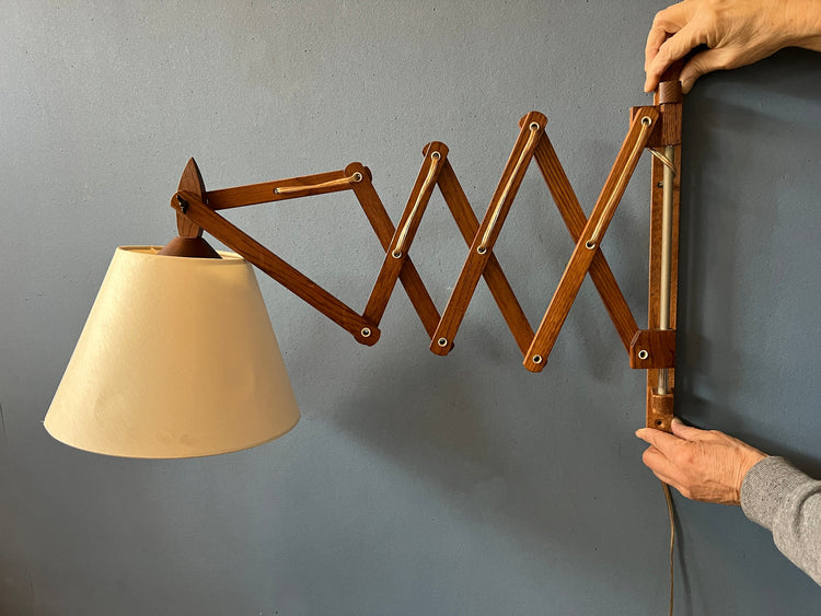 Mid Century Teak Wood Scissor Wall Lamp with Beige Shade
