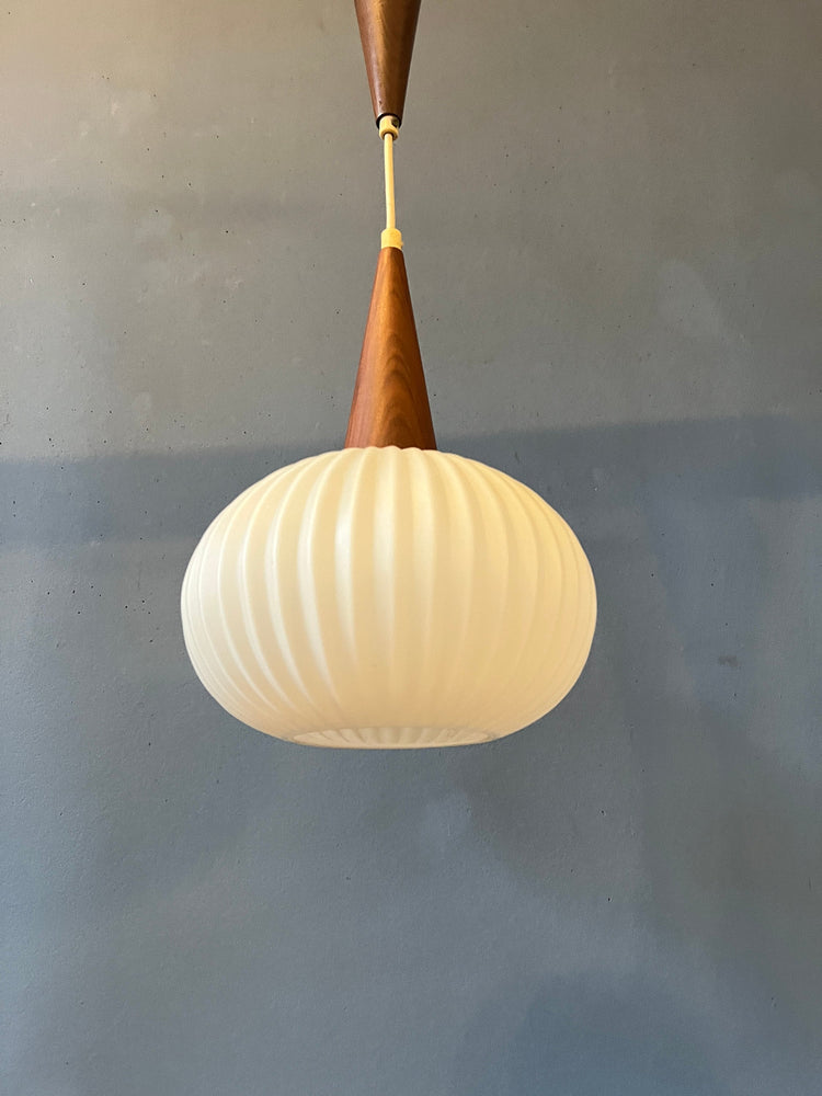 Vintage Milk Glass Pendant Light by Louis Kalff for Philips with Teak Wood Cap