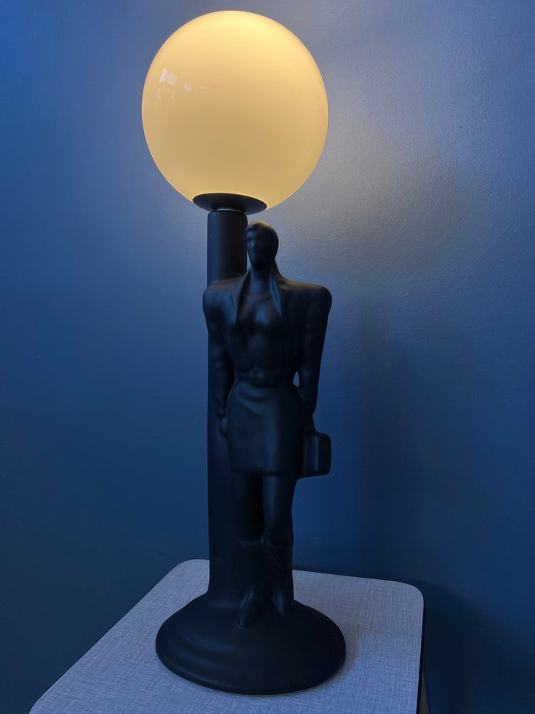 Vintage Art Deco Men Figure Porcelain Table Lamp with Glass Shade