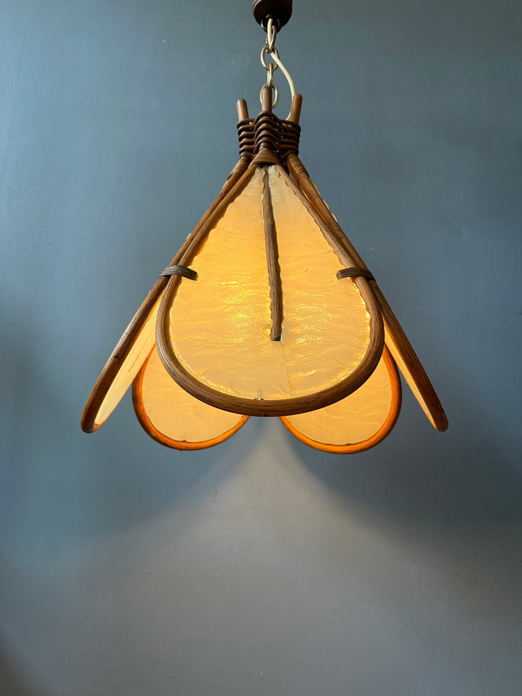 Vintage Bamboo Pendant Light / Ingo Maurer Uchiwa Style Fan Lamp / Mid Century Rotan Chandelier