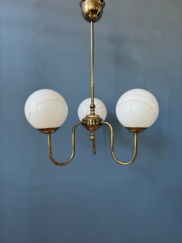 Vintage 50s Brass Chandelier with Opaline Glass Shades / Mid Century Pendant Lamp / Light Fixture