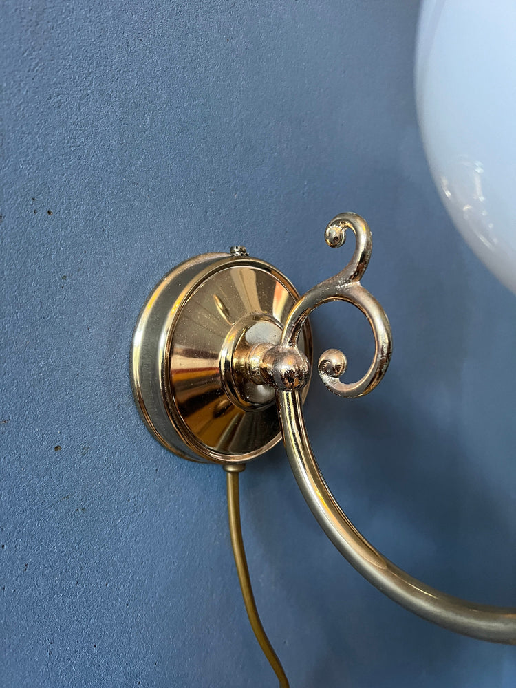 Set (2) of Mid Century Opaline Glass Hollywood Regency Wall Lights / Golden Wall Lamps