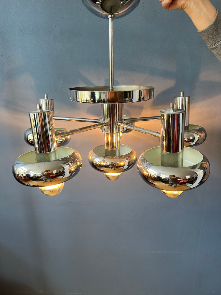 Chrome Space Age Chandelier | Mid Century Pendant Light | Scoliari Retro 70s Ceiling Lighting