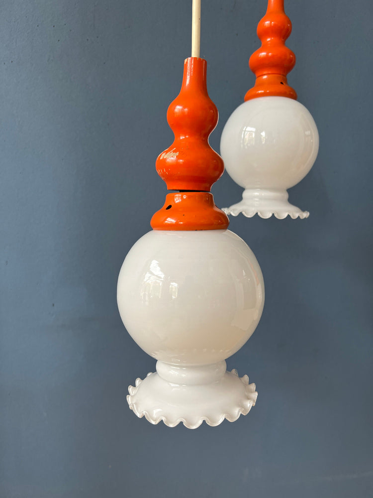 Vintage Space Age Cascade Chandelier with Opaline Glass Shades | Mid Century Orange Pendant Lamp